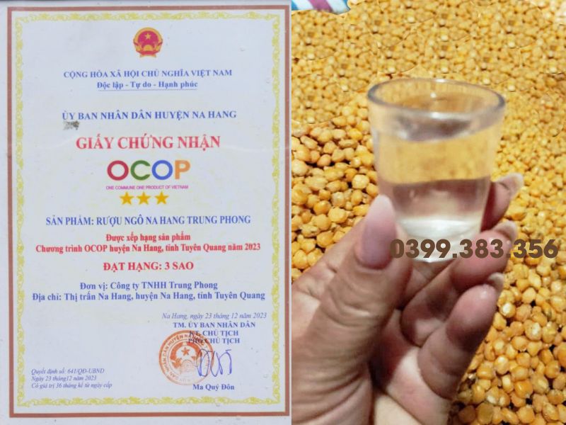 Hình ảnh giấy chứng nhận chất lượng rượu ngô men lá Na Hang